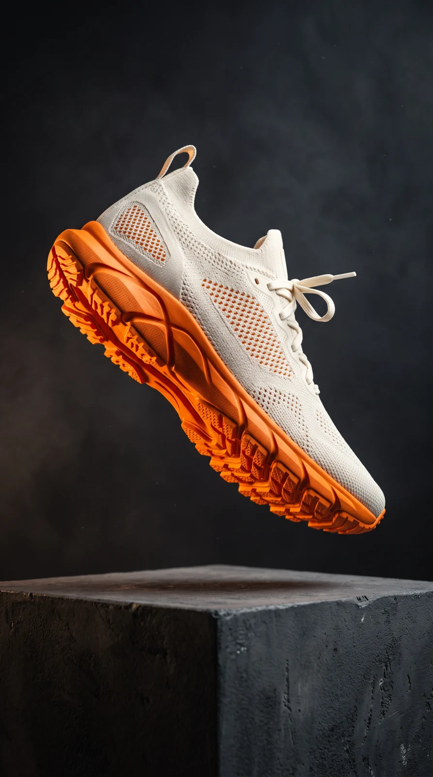 Source product photo of an ivory running shoe with an orange sole